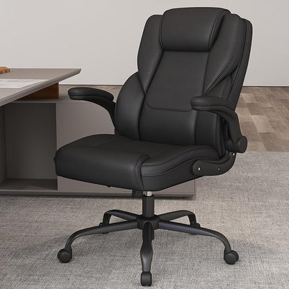 Ergonomic Executive Office Chair, Mid Back PU Leather Computer Desk Chair with Flip-Up Armrests, Lumbar Support, Adjustable Height and Rocking Function, Black
