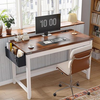 EnHomee 40 Inch Small Desk with Storage Bag Detachable, Writing Desk with Power Outlet, Modern Simple Home Vanity Desk for Small Spaces, Study Desk for Bedroom, Brown & White