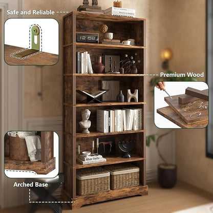 TVU 6-Tier Wooden Bookshelf, 77.2" Tall Farmhouse Style Open Bookcase, 31.5" W Standing Book Shelf with Storage, Suitable for Study, Living Room, Office, Rustic Brown