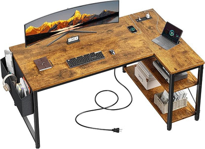 EnHomee Office Desk with Outlet,Power Home Office & Study Electronic Gear | Reliable Power Supply for Study & Electronic Device,Reversible Shelves & Side Bag,Convenience for Small Space, Black