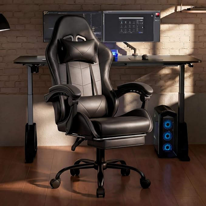Gaming Chair, Ergonomic Computer Chair with Footrest and Lumbar Support, Height Adjustable Office Chair with 360° Swivel Seat and Headrest (Black)