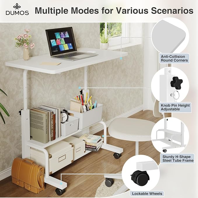 DUMOS 31.5" Mobile Rolling Desk with 2-Tier Storage Shelves, Height Adjustable Computer Desks on Wheels, Portable Rolling Laptop Table for Small Spaces & Home Office White