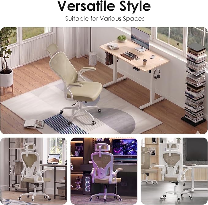 Farini Ergonomic Office Chair, Home Office Desk Chair with Headrest, High Back Swivel Computer Chair with Armrests and Adjustable Lumbar Support for Home Office Study Room, White & Khaki