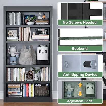 OSEILLC Bookshelf,61 Inch Tall 5-Tier Bookcase, Modern Bookshelves with Adjustable Shelves, Book Shelf for Home Office, Living Room, Garage, Minimalist Lifestyle & Small Space Living(Black)