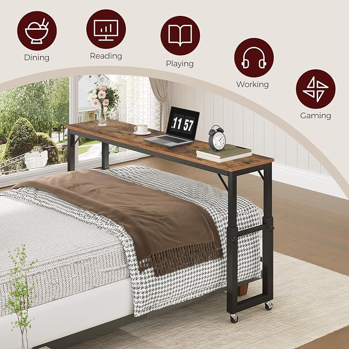 MAHANCRIS Overbed Table with Wheels, Mobile Bed Desk for Queen Size, 36"-43.5" Adjustable Height Rolling Table, Recliner Desk, Mobile Cross Bed for Bedroom, Living Room, Office, Rustic Brown MTHR18001