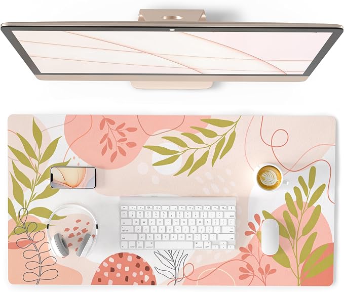 QiyI Large Mouse Pad, Cute Desk Mat for Desktop, Women Girls Minimalist Pink Office Desk Accessories, PU Leather Waterproof Gaming Mousepad, Tropical Leaves Desk Pad Computer Mat, 31.5" x 15.7"