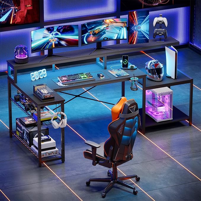 Bestier LED Gaming Desk with Power Outlets, 71 inch L Shaped Computer Desk with Monitor Stand, Large Desk with Printer Stand Adjustable Shelf, Cup Holder & Hooks, Home Office Desk Black