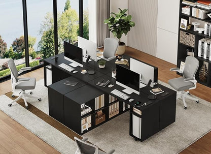 BOSHIRO Black L-Shaped Computer Desk with Storage Shelves, Small Study Writing Desk with Charging Station, 67” Bedroom Side Table & 360° Rotating Desk for Living Room