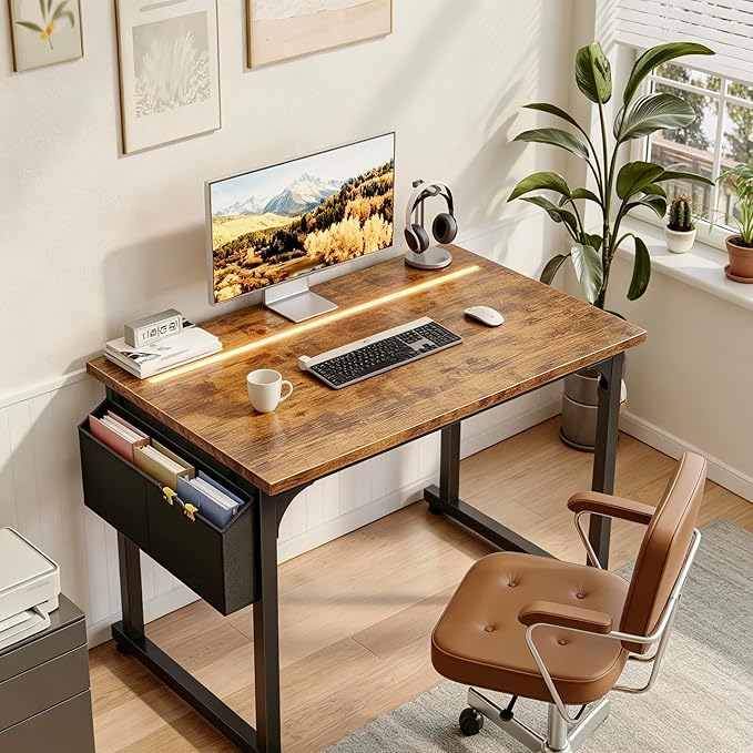 DurayLoly 32" Computer Desk with Waterproof LED Lights,Bedroom Study Desk for Teens,Dorm Room Essentials,Headphone Hook&Storage Bag for Small Spaces,Sturdy Metal Frame,Rustic Brown