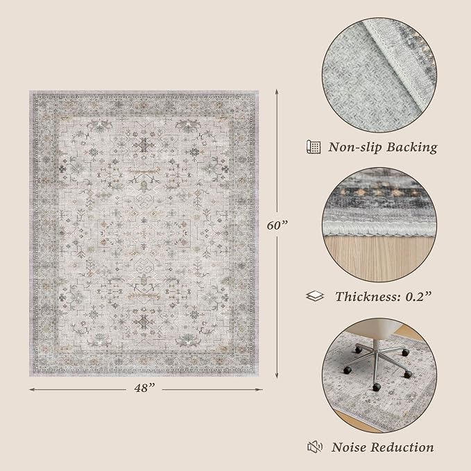 Washable Boho Office Chair Mat for Hard Wood Floors, Light Gray Floor Protector for Heavy Duty Computer Chair, 48"x60" Low Pile Under Desk Rug, Easy to Clean, Non-Slip Stain & Fade Resistant