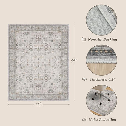 Washable Boho Office Chair Mat for Hard Wood Floors, Light Gray Floor Protector for Heavy Duty Computer Chair, 48"x60" Low Pile Under Desk Rug, Easy to Clean, Non-Slip Stain & Fade Resistant