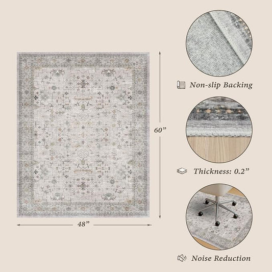 Washable Boho Office Chair Mat for Hard Wood Floors, Light Gray Floor Protector for Heavy Duty Computer Chair, 48"x60" Low Pile Under Desk Rug, Easy to Clean, Non-Slip Stain & Fade Resistant