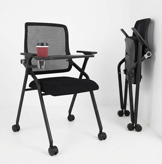 Updated Conference Room Chairs with Tablet Arm, Folding Office Desk Chair with Lumbar Support and Sliding Armrest with Casters, Stackable Office Guest Chairs & Reception Chairs, 1 Pack Black