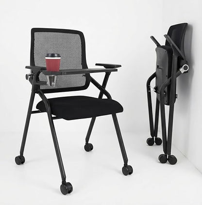 Updated Conference Room Chairs with Tablet Arm, Folding Office Desk Chair with Lumbar Support and Sliding Armrest with Casters, Stackable Office Guest Chairs & Reception Chairs, 4 Pack Black