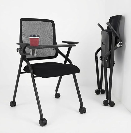 Updated Conference Room Chairs with Tablet Arm, Folding Office Desk Chair with Lumbar Support and Sliding Armrest with Casters, Stackable Office Guest Chairs & Reception Chairs, 4 Pack Black