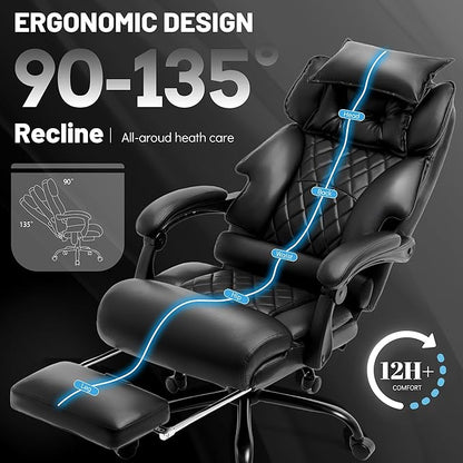Massage Office Chair with Foot Rest,6 Points Vibration & Heat Executive Office Chairs,500LBS Big and Tall Office Chair for Heavy People,Ergonomic Reclining Desk Chair,Dual-Use Pillow,Home Office,Black