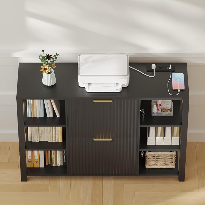 Filing Cabinet for Home Office, Fluted Wood File Cabinet with 2 Drawers Fit Letter/Legal/A4 Folders with Tabs, 43.3" W Printer Stand with Lock & 2 Power Outlets, 6 Storage Shelves (1, Black)
