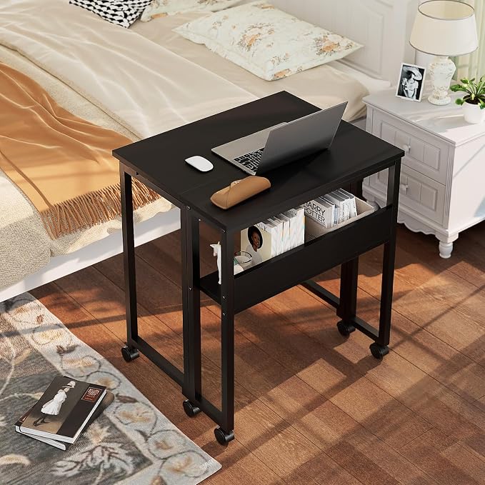 GreenForest Folding Desk with Wheels, 31.5 Inch Compact Rolling Computer Table with Storage Shelf, Portable Mobile Workstation for Small Spaces, Easy Assembly, Black