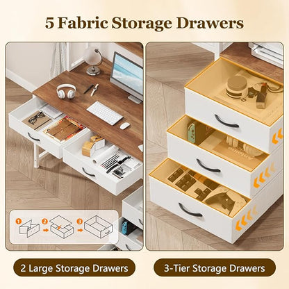 YOMILUVE Reversible Computer Desk with Hutch, Home Office Desk with 5 Drawers and Bookshelf, 52'' Study Writing Desk with Storage Shelves for Bedroom Home Office, Brown and White
