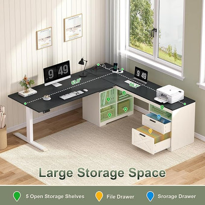 YOMILUVE Farmhouse L Shaped Standing Desk, 66 inch Corner Electric Standing Desk with Drawers ＆ Storage Shelves, Height Adjustable Computer Desk with Power Outlets for Home Office (Black and White)