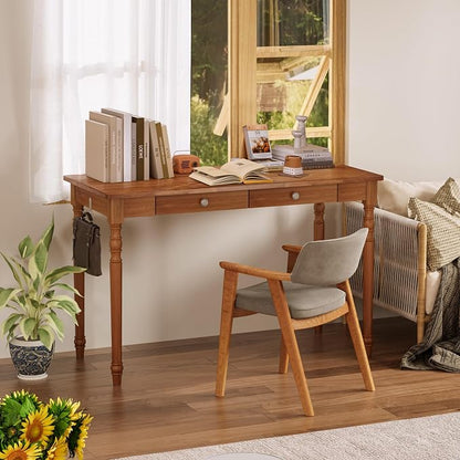 47 x 22 Inch Wooden Desk with Drawers -Simple Mid Century Modern Desk with 2 Hooks, Solid Rubber Wood Study Table for Living Room, Bedroom & Home Office, Walnut Color