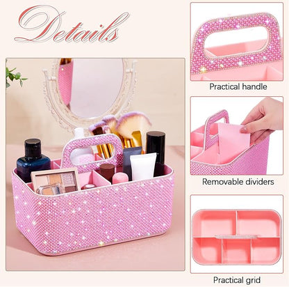 Marspark Bling Makeup Caddy Organizer with Handle, Sparkly Art Craft Holder, Glitter Bathroom Hair Caddy, Shimmer Pen Pencil Holder for Women Desk Organizer, Bling Gifts for Women(Pink,Pearl Diamond)
