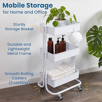 ECR4Kids 3-Tier Metal Rolling Utility Storage Cart, Multipurpose Organization, White