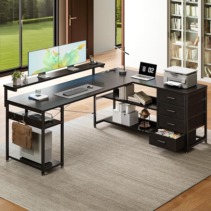AODK 61" L Shaped Desk with Drawer, Computer Desk with Power Outlets & LED Lights, Reversible Corner Gaming Desk for Home Office Workstation, Office Desk with Monitor Shelf, Pure Black