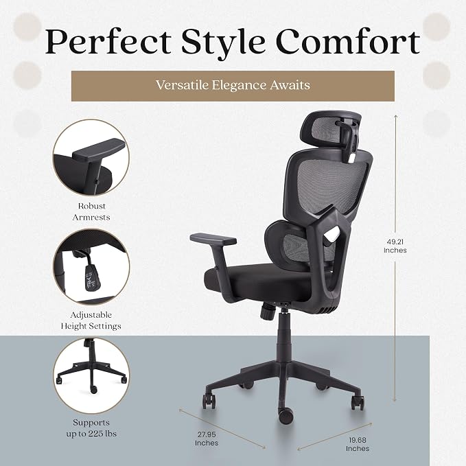 JOMEED High Upholstered Back Mesh Swivel Chair Adjustable Height Arm Rest Rolling Seating with Lumbar and Head Support for Homes or Offices, Black