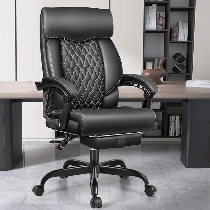 Office Chair, Big and Tall Office Desk Chair, Reclining Office Chair with Footrest Home Office Desk Chairs, High Back Ergonomic with Lumbar Support, Executive Leather