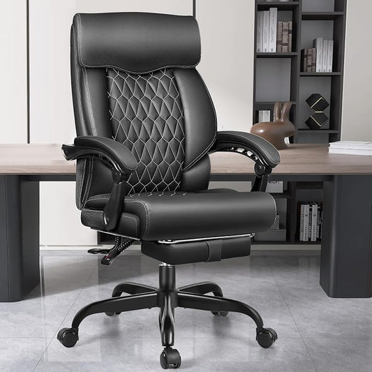 Office Chair, Big and Tall Office Desk Chair, Reclining Office Chair with Footrest Home Office Desk Chairs, High Back Ergonomic with Lumbar Support, Executive Leather