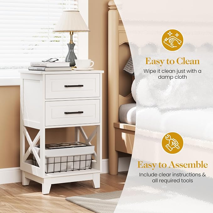 RoyalCraft 30" Tall Nightstand, Modern Painted Bedside Table with 2 Drawers and Open Shelf, Wood Side Table for Bedroom, Home Office, White-Open Shelf Below, Set of 1