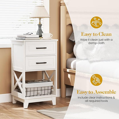 RoyalCraft 30" Tall Nightstand, Modern Painted Bedside Table with 2 Drawers and Open Shelf, Wood Side Table for Bedroom, Home Office, White-Open Shelf Below, Set of 2