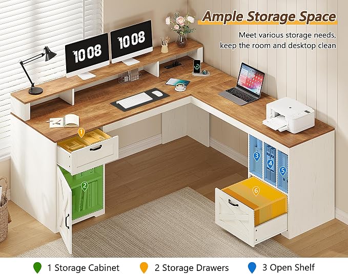 YOMILUVE Farmhouse 63" L Shaped Desk with Drawers and Storage Shelf, Home Office Desk with Power Outlets, Storage Cabinet, Corner Computer Desk with Long Monitor Stand, Brown and White
