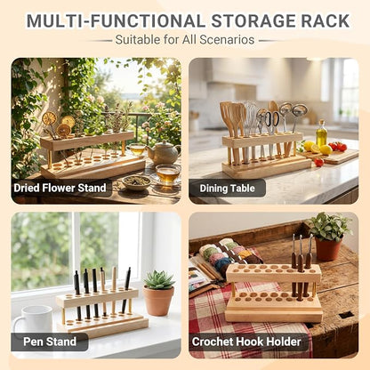 Pencil & Pen organizer for Desk,Wooden pen holder with Phone Stand for Office & Home,Solid Walnut Pencil Display Stand(Double-row - Natural Wood)