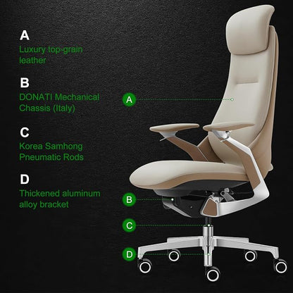 Ergonomic Executive Leather Office Chair-High Back Top Grain Leather with Adjustable Headrest, 3-Position Recline (90°-135°), Tension Control & Height Adjustment, Italian DONATI Base