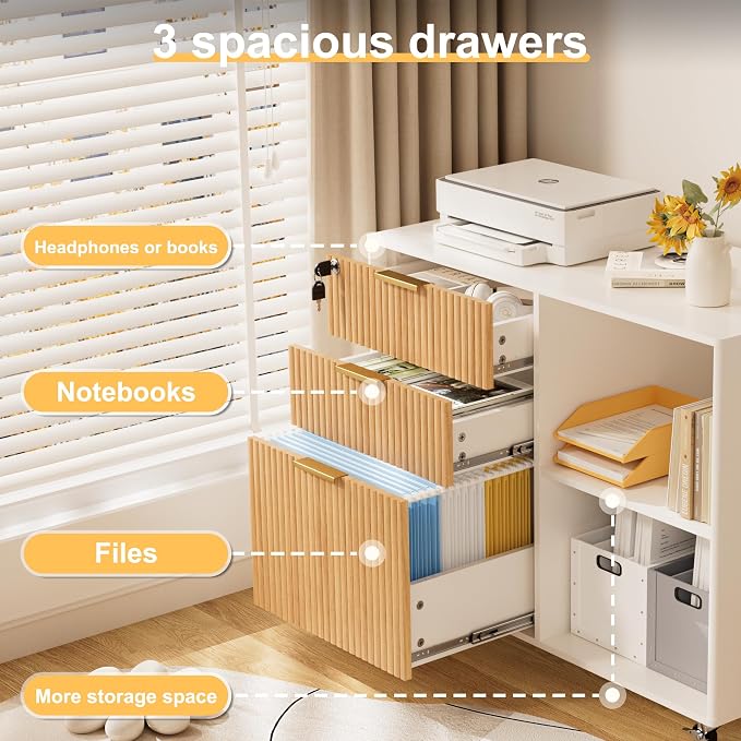INNOD 3 Drawer Fluted Mobile Filing Cabinet with Lock, Lateral Rolling Under Desk File Cabinet, Wooden Printer Stand Table for Home Office Essentials Storage Organization Furniture Letters/A4(Oak)