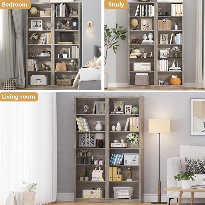 Thacuok 75" Tall Bookshelf Set of 2, 6 Tier Bookshelf with Adjustable Shelves, Bookcase with Anti-Tipping Device, Floor Standing Modern Display Rack,Book Shelf for Living Room, Bedroom, Office, Grey