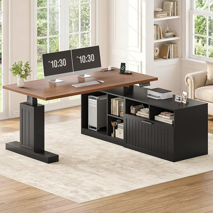 Farmhouse L Shaped Standing Desk with Lateral File Cabinet, 55.1" X 54.3" Electric Executive Desk Adjustable Height with Power Outlets, Shelves, Sit Stand Corner Computer Desk for Home Office, Black