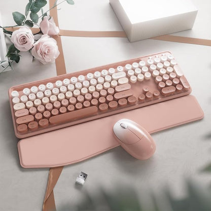 Wireless Keyboard and Mouse, Colorful 104-Key QWERTY with Round Keys, Phone Holder, Wrist Rest, Power Buttons, 2.4GHz USB for PC Laptop (Peach Gradient)