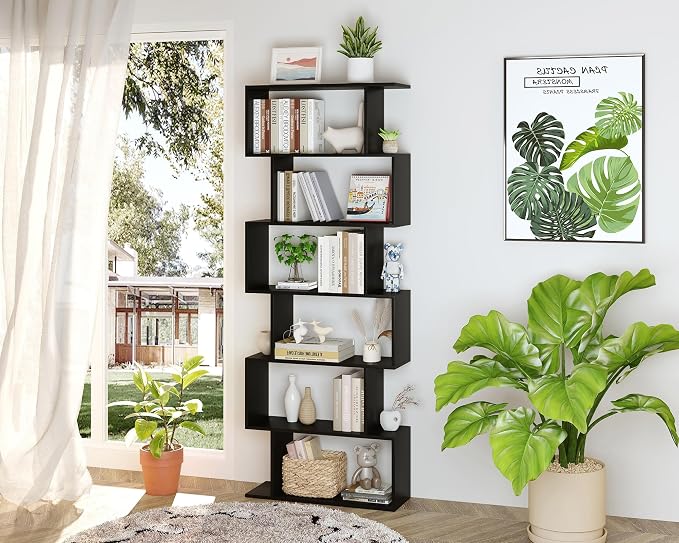 Yusong Bookshelf 6-Tier, Geometric Bookcase S Shaped Book Shelves for Bedroom, Modern Wood Decorative Display Shelf Tall Book Case for Home Office, Black