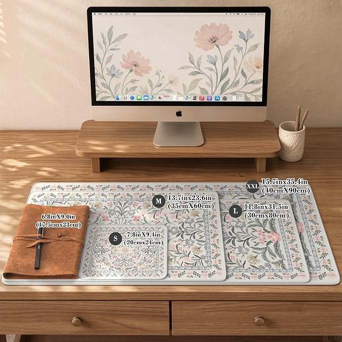 iCasso Aesthetic Flower Mouse pad for Laptop, Desk Pad Mat, Desk Matt for Desktop 13.7"x23.6", Anti-Slip Mousepad with Stitched Edges for Laptop Computer Keyboard(Gray Floral)