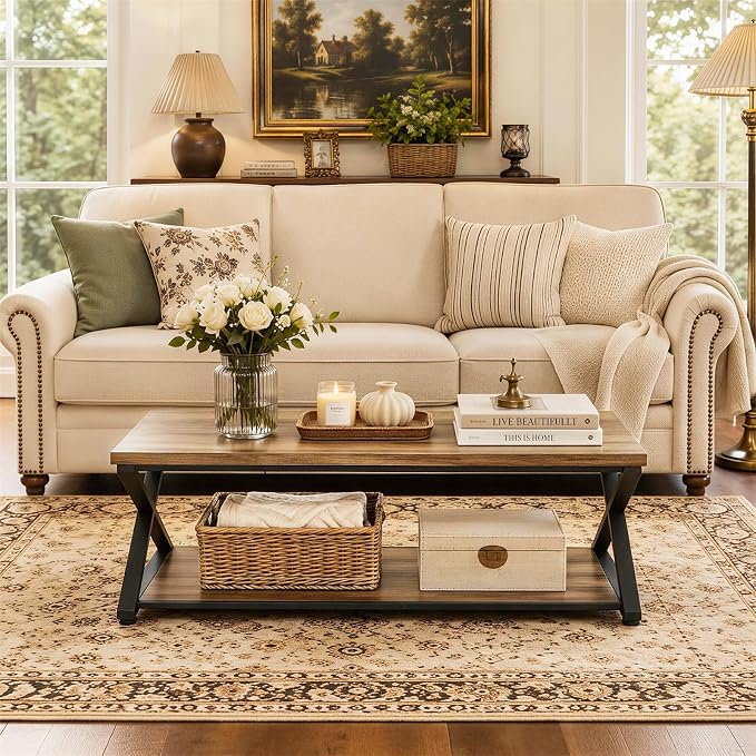 MILEFA2 Tier Coffee Table, Farmhouse CenterTable with Storage, Wood and Metal Living RoomTable for Home Office Bedroom, Rustic Brown,47Inch