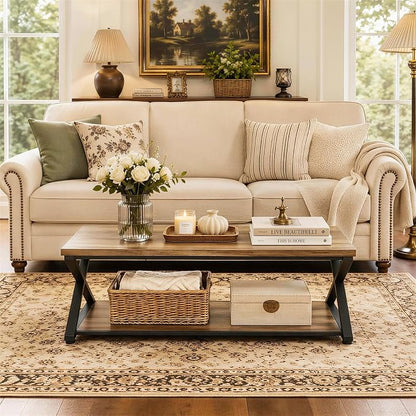 MILEFA2 Tier Coffee Table, Farmhouse CenterTable with Storage, Wood and Metal Living RoomTable for Home Office Bedroom, Rustic Brown,47Inch