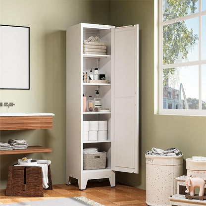 COFaR 67" Tall Bathroom Storage Cabinet, White Metal Storage Cabinet with Magnetic Door & 4 Adjustable Shelves, Slim Freestanding Cupboard for Kitchen, Bathroom, Living Room