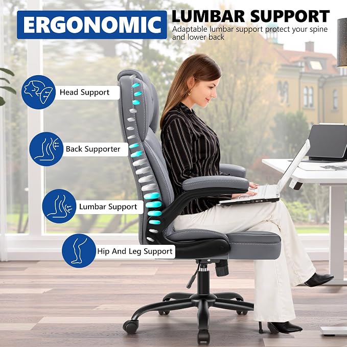 PU Leather Office Chair, Ergonomic High-Back Desk Computer & Gaming Chair with Adjustable Height, Rolling Swivel & Flip-Up Armrests, Comfy Padded Seat for Home Office-Gray
