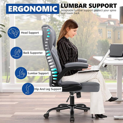 PU Leather Office Chair, Ergonomic High-Back Desk Computer & Gaming Chair with Adjustable Height, Rolling Swivel & Flip-Up Armrests, Comfy Padded Seat for Home Office-Gray