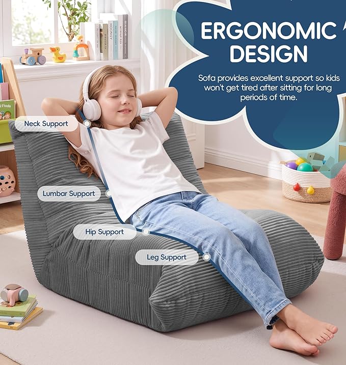 Hobestluk Small Bean Bag Chair Faux Fur Fabric BeanBag Couch for Playroom | Grey Corduroy,Ergonomic Design,Memory Foam,Strong Supportive,No Assembly Required,Decorative Style for Living Room Bedroom