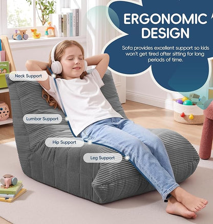 Hobestluk Small Bean Bag Chair Faux Fur Fabric BeanBag Couch for Playroom | Grey Corduroy,Ergonomic Design,Memory Foam,Strong Supportive,No Assembly Required,Decorative Style for Living Room Bedroom