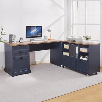 60" Farmhouse Executive Desk and 40" Mobile File Cabinet Combination,L Shaped Executive Desk with Charging Station,Home Office Desk for Office Work,Home Study (Blue)